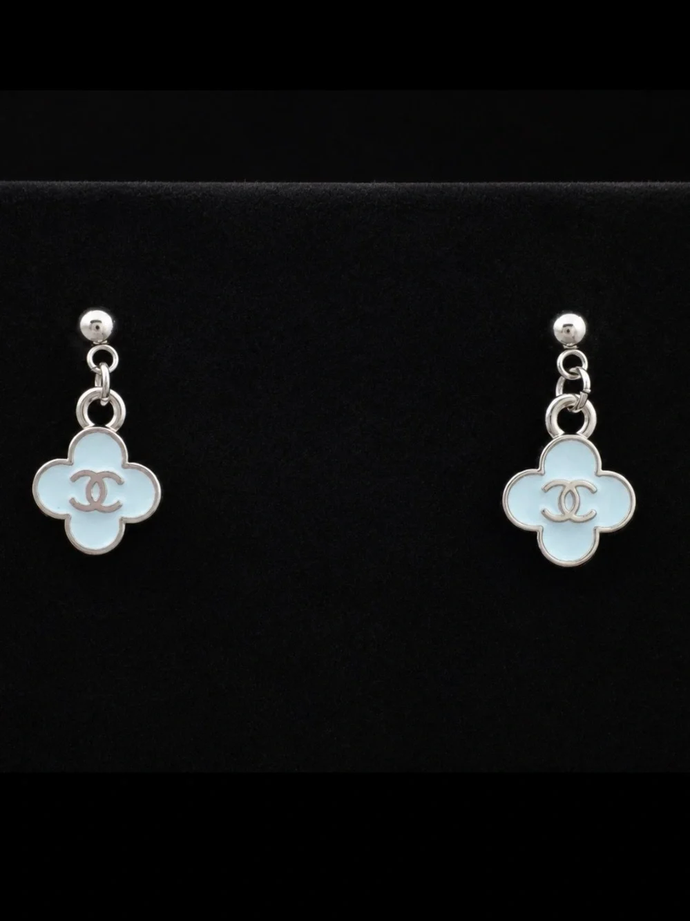 CHANEL Silver-Tone Dangle Earrings with Pale Blue Enamel Clover Motifs